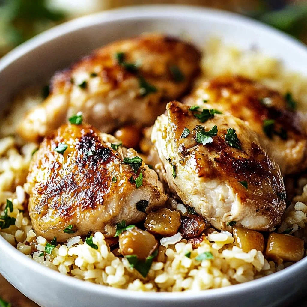 A plate of baked chicken served with rice and vegetables.