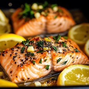 Delicious baked salmon fillet served with herbs and lemon