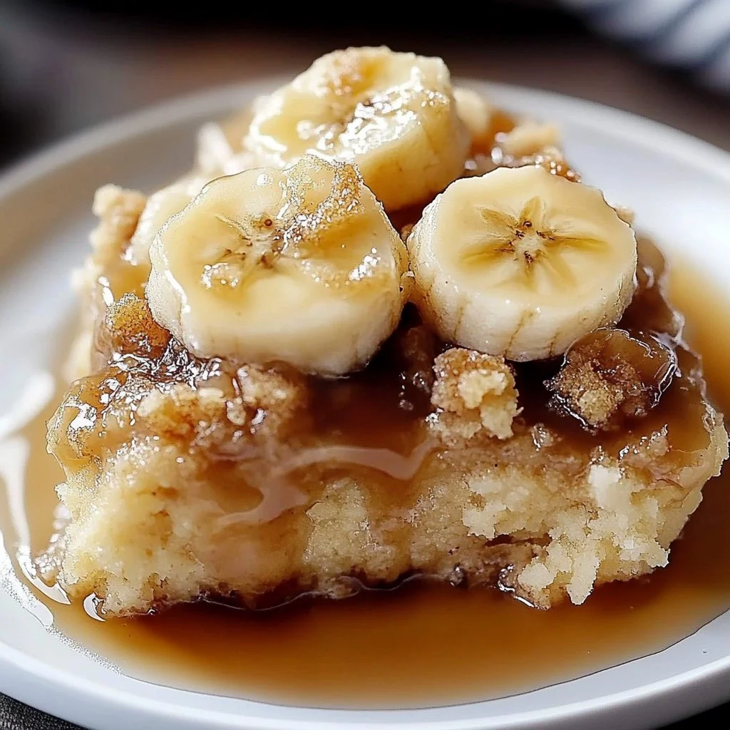 Delicious Bananas Foster Cobbler served warm with caramel sauce