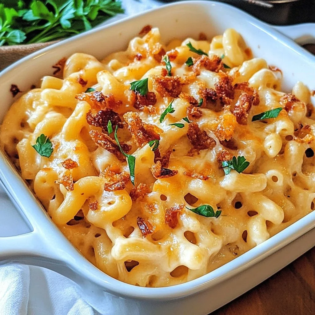 Creamy BBQ Chicken Mac and Cheese topped with crunchy breadcrumbs