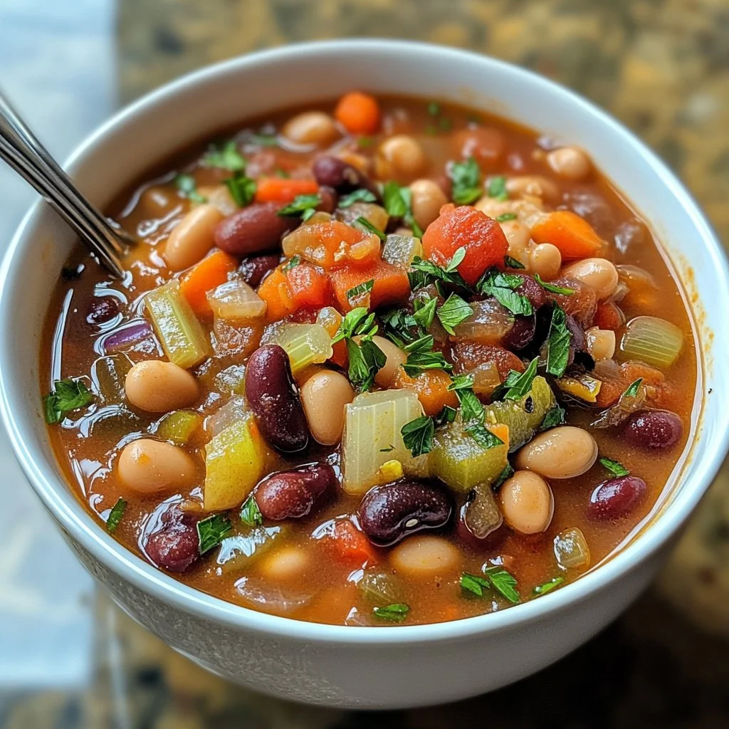 Delicious bowl of homemade bean soup garnished with herbs and spices