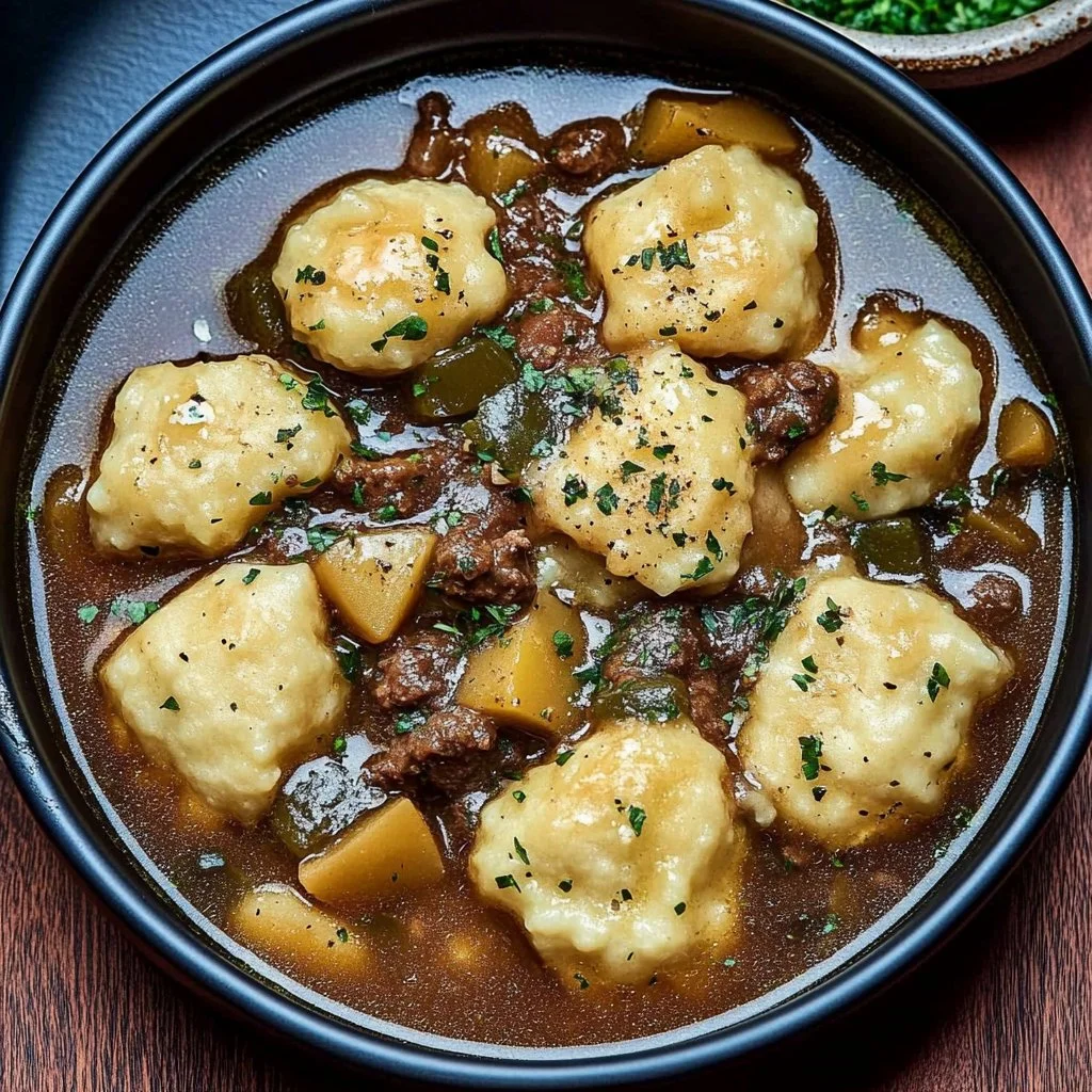 Bowl of hearty beef stew with fluffy dumplings on top, garnished with herbs.