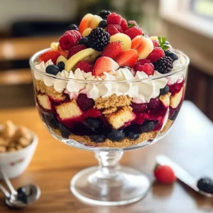 A beautiful berry trifle with layers of cream, berries, and cake in a glass dish.