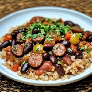 Delicious black beans and rice with sausage served in a bowl.