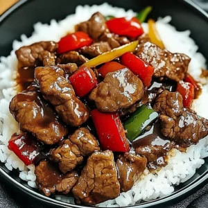 Delicious black pepper beef dish served with vegetables and rice