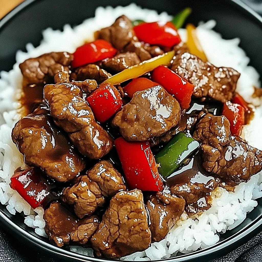 Delicious black pepper beef dish served with vegetables and rice