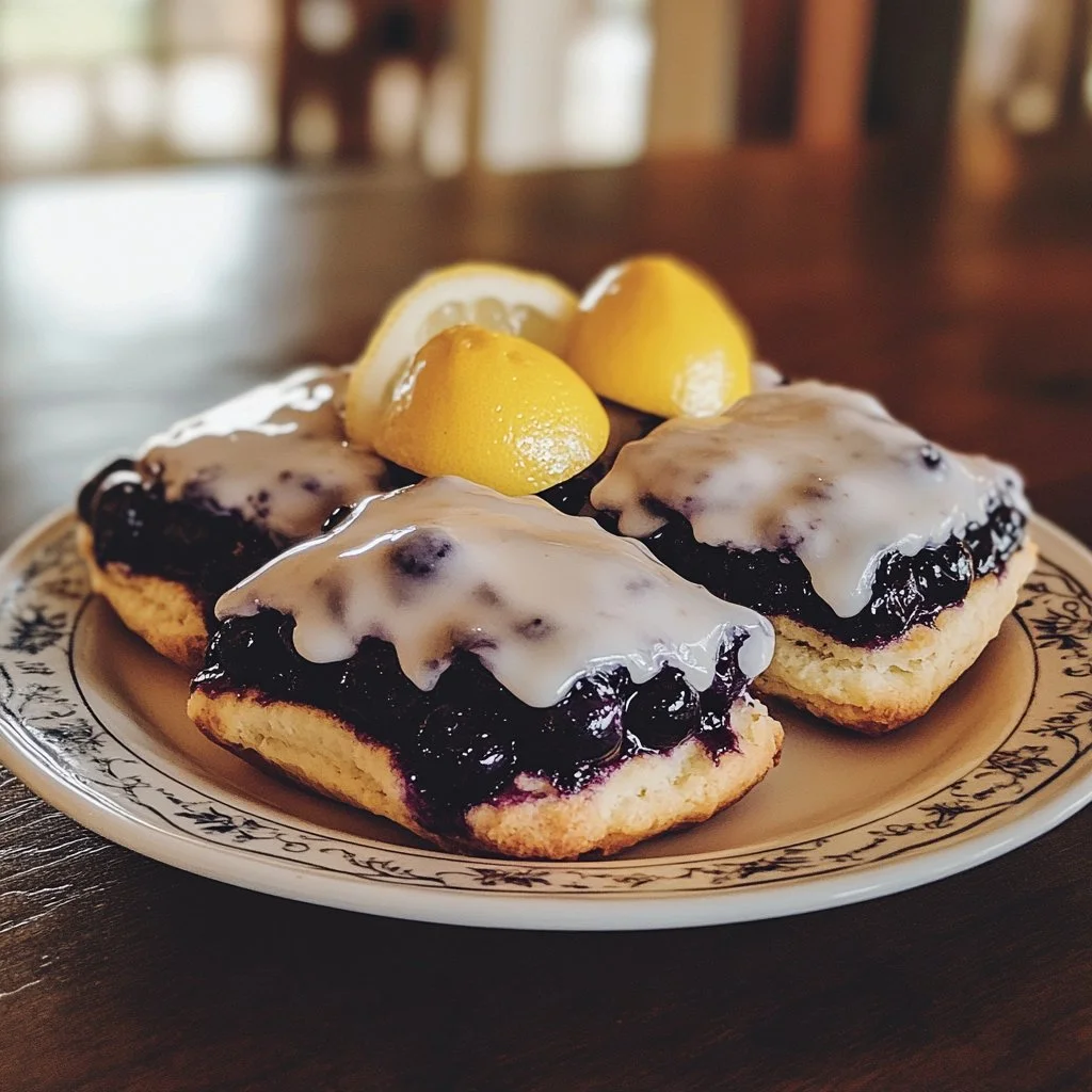 Blueberry Butter Swim Biscuits drizzled with lemon glaze
