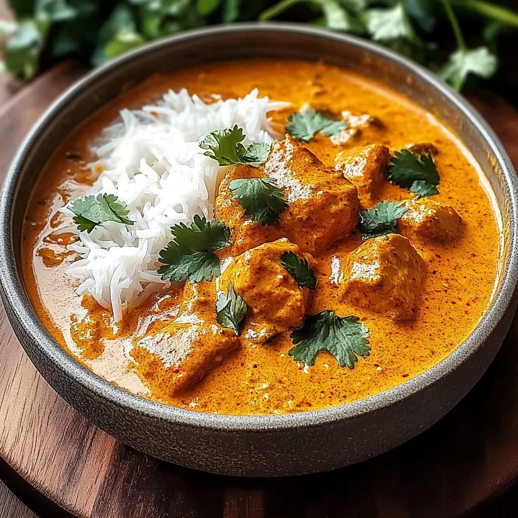 Delicious Butter Chicken Pumpkin Curry served with rice and bread