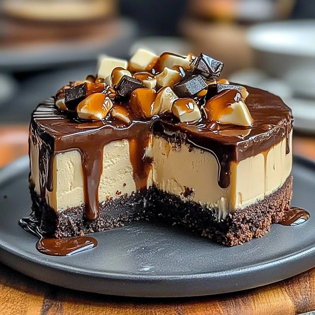 Slice of Caramel Brownie Cheesecake topped with caramel drizzle and chocolate shavings