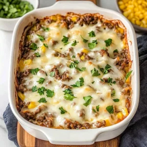 Delicious Cheesy Low Carb Philly Cheesesteak Casserole served in a dish