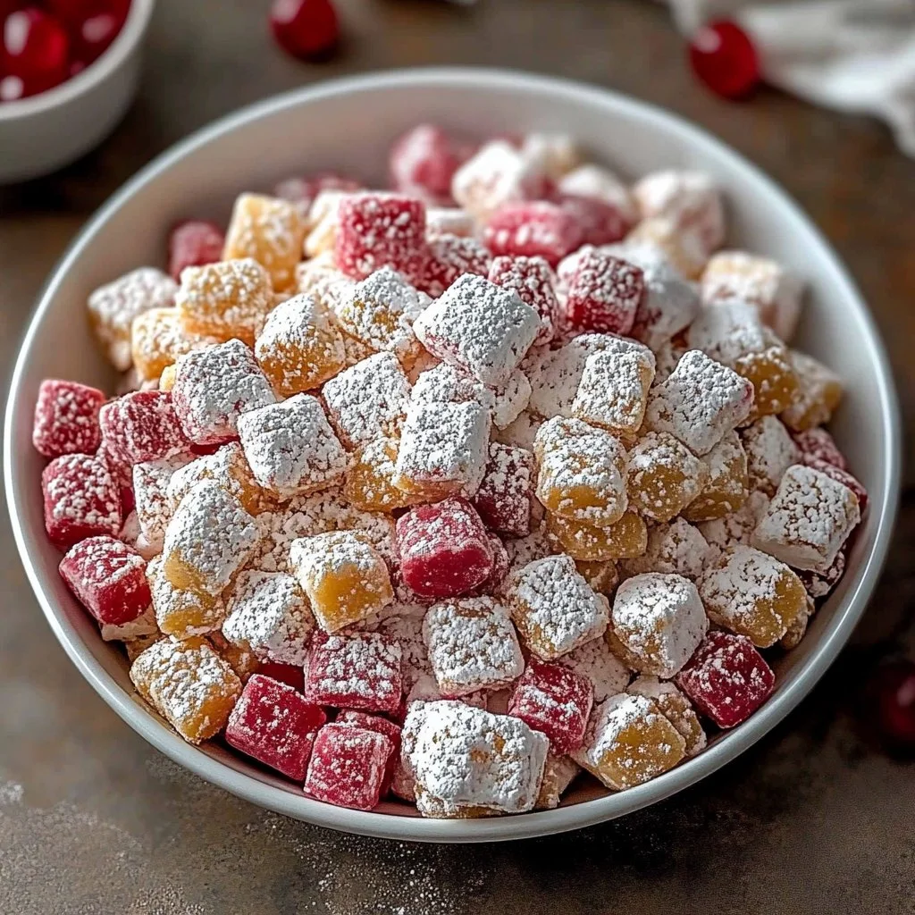 Cherry Cheesecake Puppy Chow sweet snack mix with cherries and cheesecake flavor