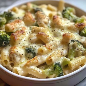 Baked Chicken Broccoli Alfredo with cheese and pasta served in a baking dish