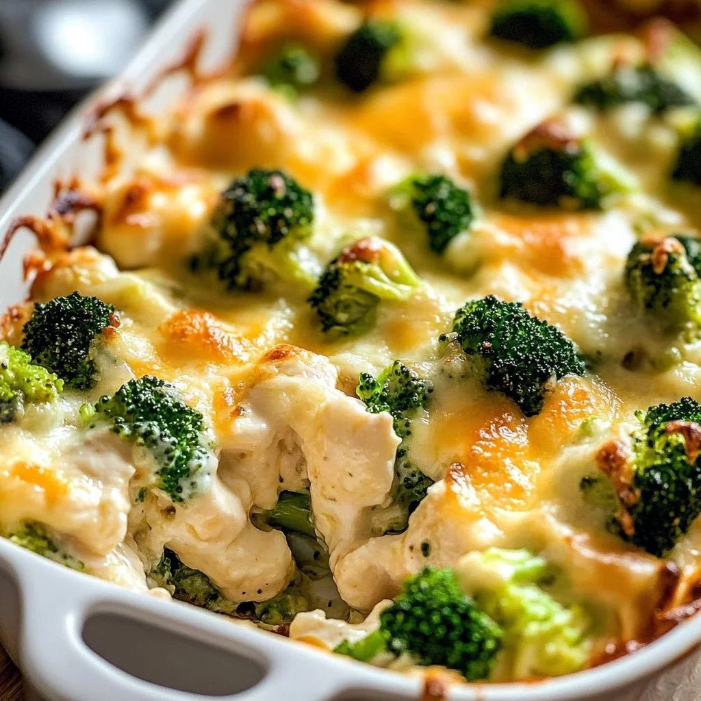 Delicious Chicken Broccoli Casserole topped with cheese and breadcrumbs