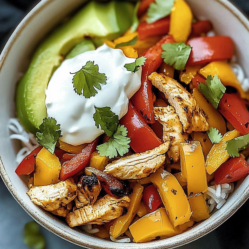 Healthy Chicken Fajita Bowls topped with colorful vegetables and spices