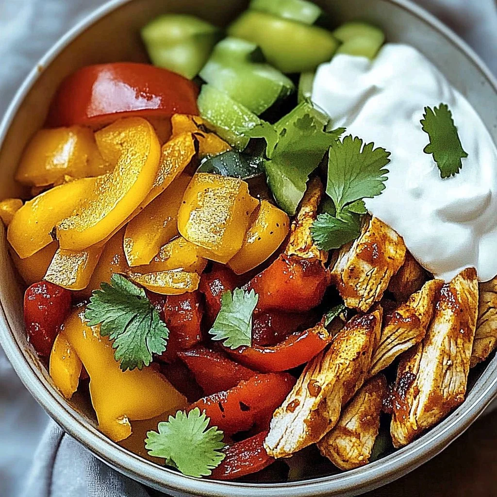 Colorful chicken fajita bowl with peppers and onions