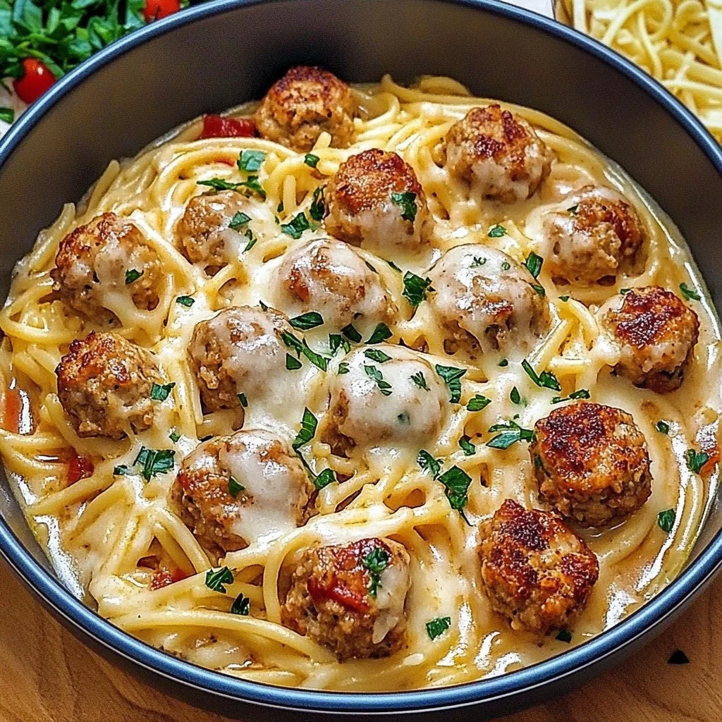 Delicious Chicken Meatball Orzo served in a bowl with fresh herbs.