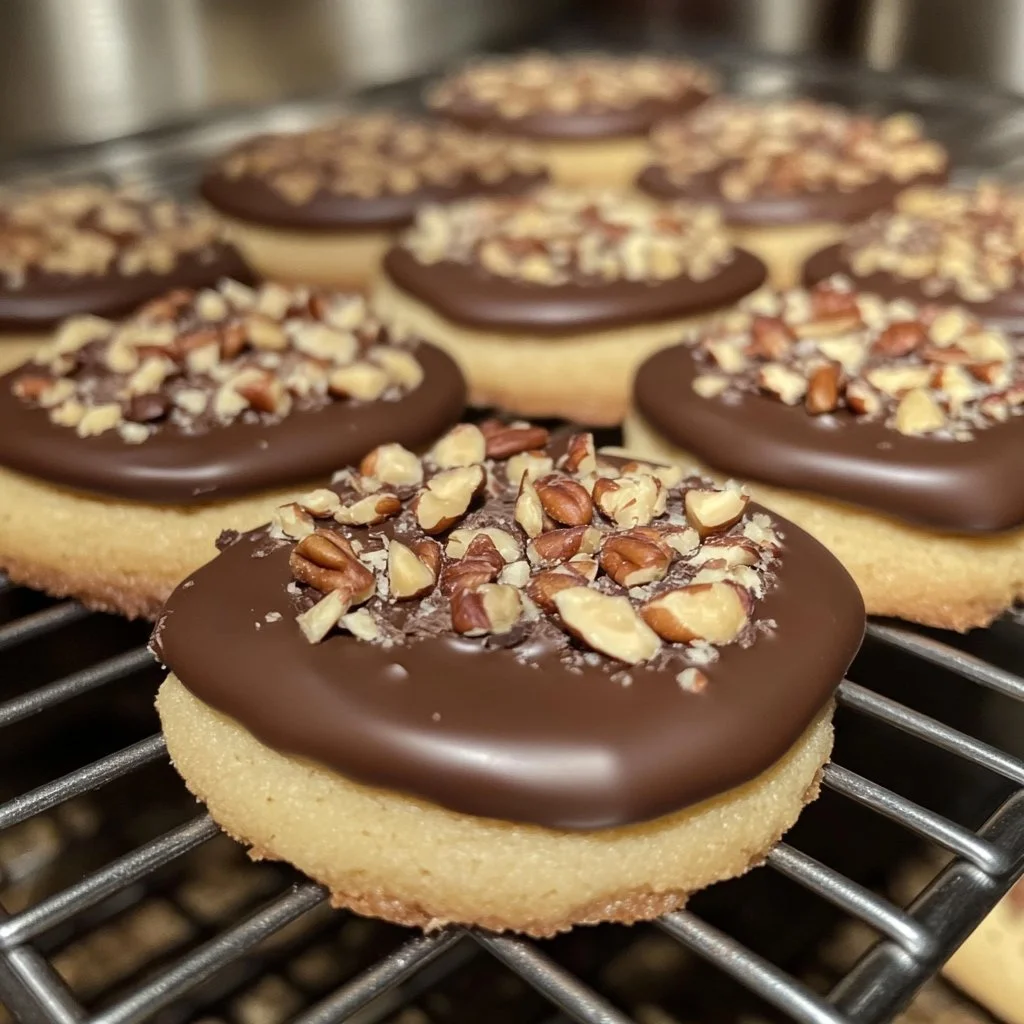 Chocolate dipped toffee pecan shortbread cookies on a decorative plate