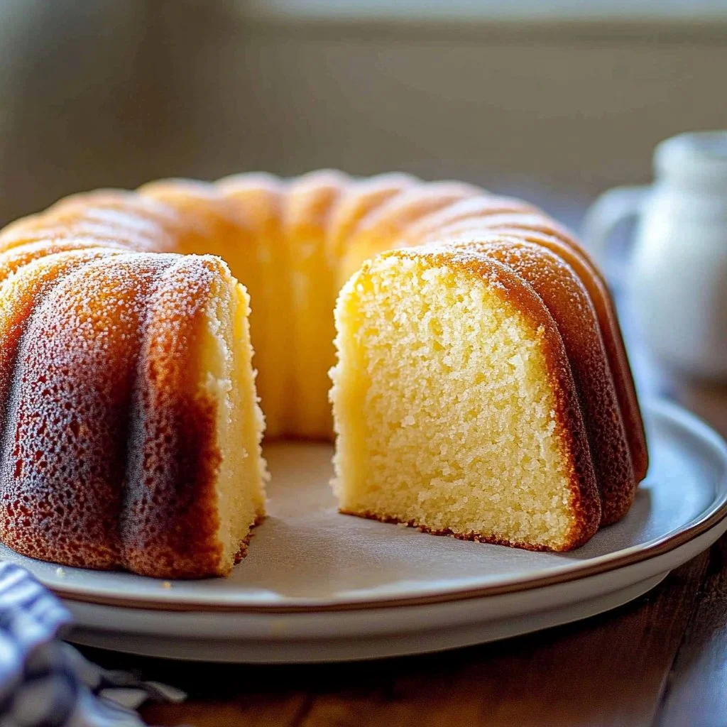 Slice of moist Classic Southern Pound Cake served on a plate