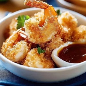 Delicious golden brown coconut shrimp served with a dipping sauce