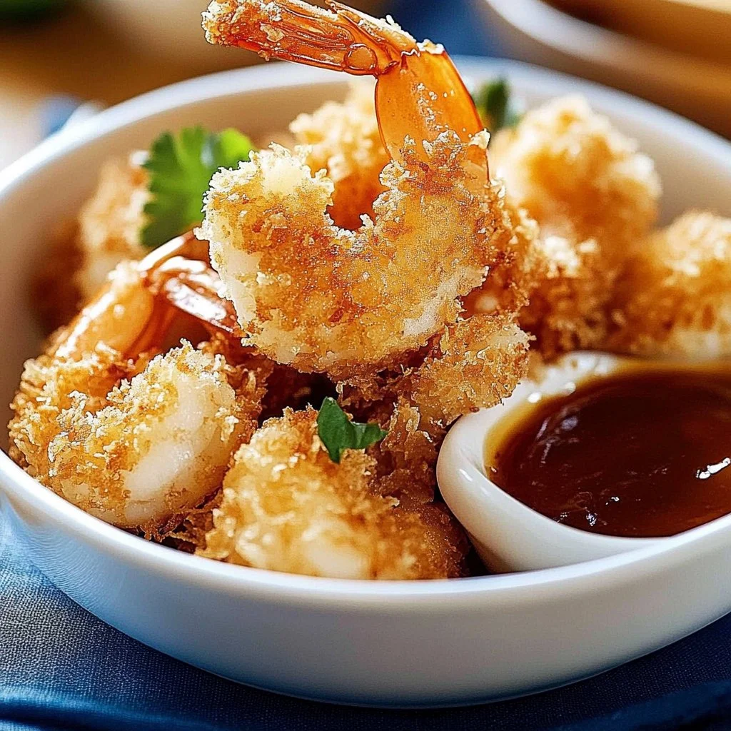 Delicious golden brown coconut shrimp served with a dipping sauce