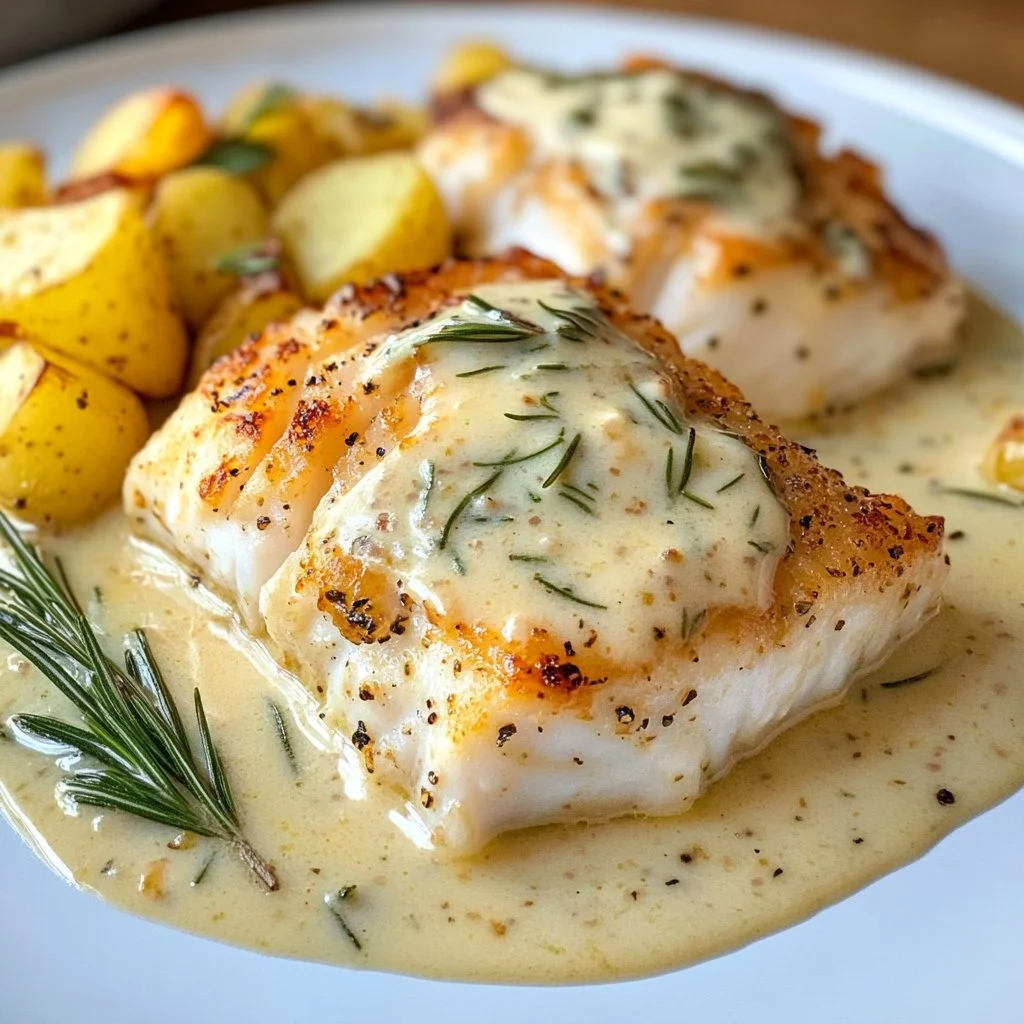 Cod and potatoes served in rosemary cream sauce for a flavorful meal