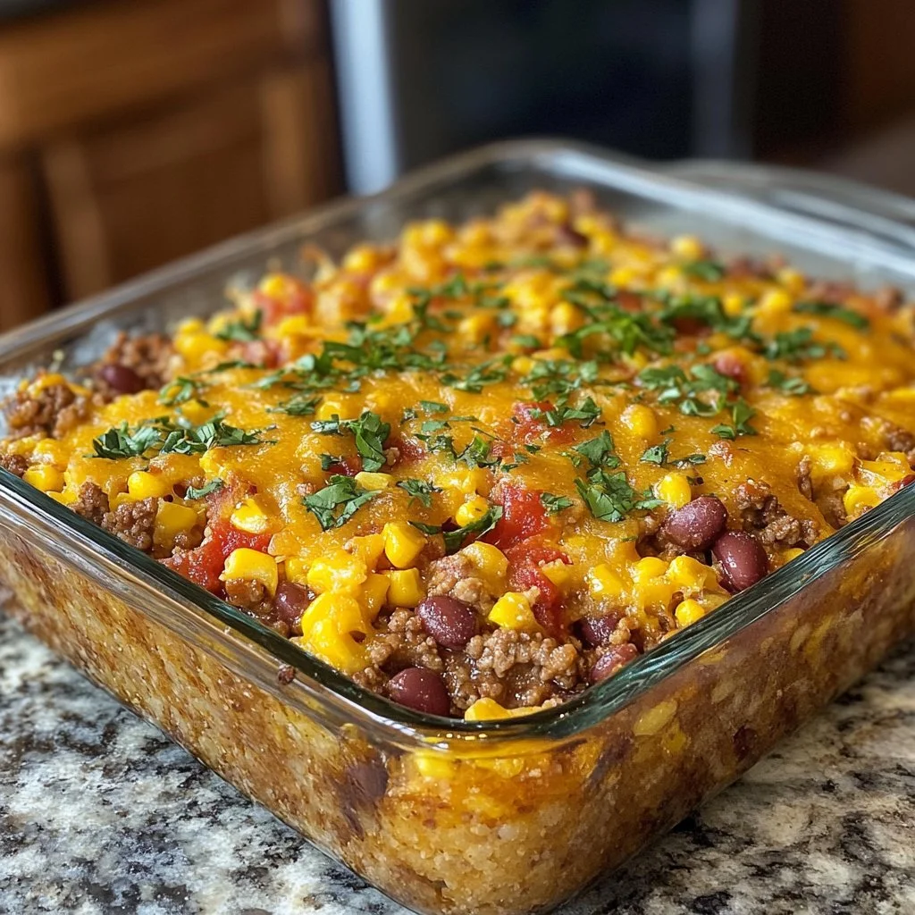 Delicious Cowboy Cornbread Casserole topped with cheese and herbs