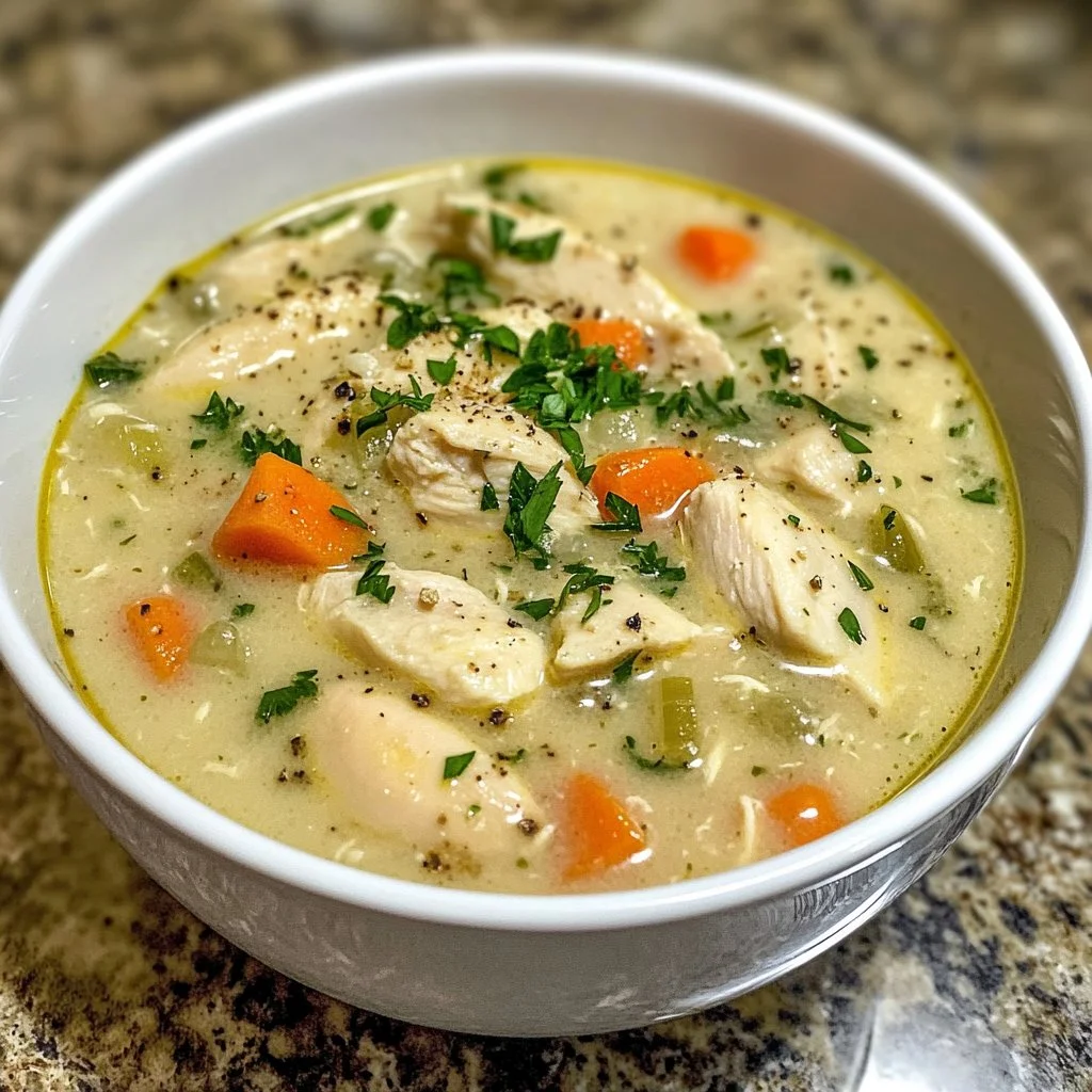 Bowl of creamy chicken soup with vegetables and herbs