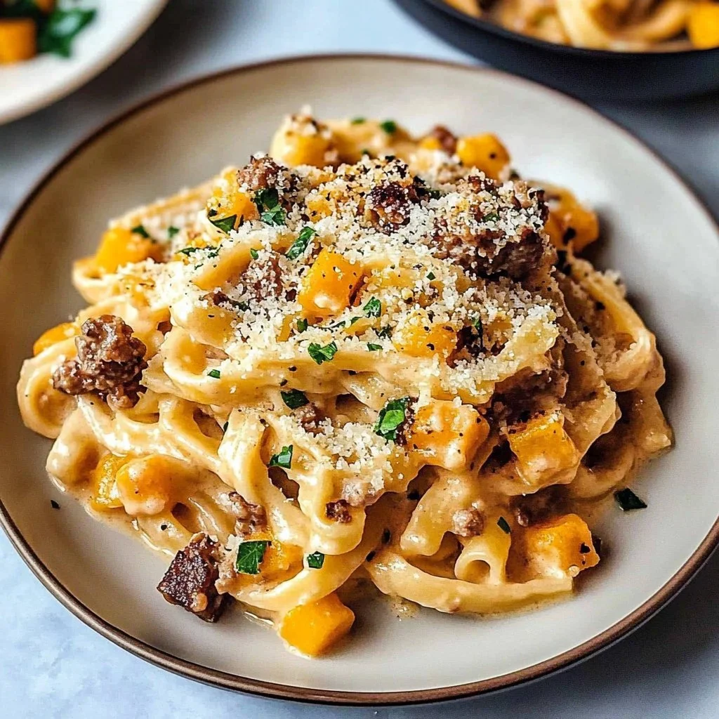 Creamy butternut squash pasta with sausage crumbles in a bowl