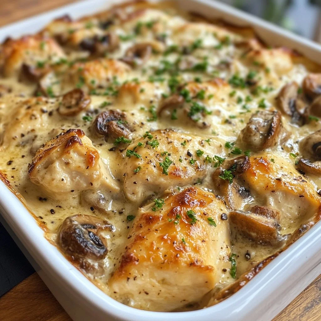 Creamy chicken and mushroom bake dish ready to serve