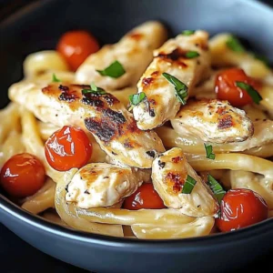 Creamy garlic parmesan chicken pasta served in a bowl with herbs and parmesan garnish