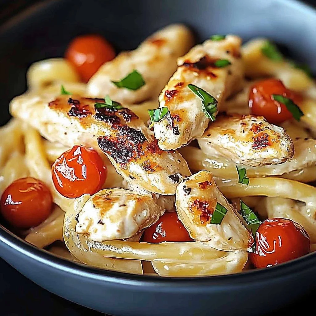 Creamy garlic parmesan chicken pasta served in a bowl with herbs and parmesan garnish