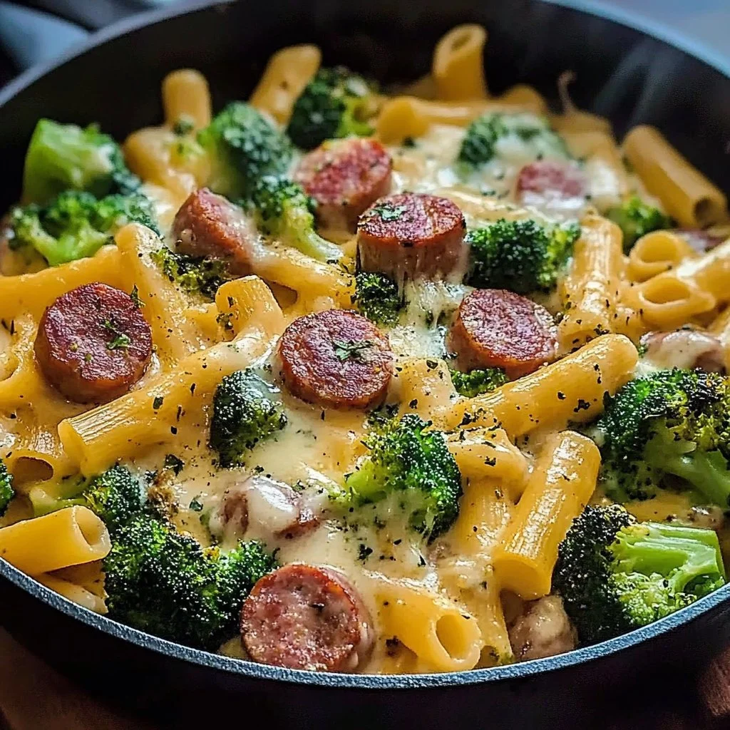 Creamy Kielbasa Broccoli Skillet with vibrant vegetables in a delicious sauce