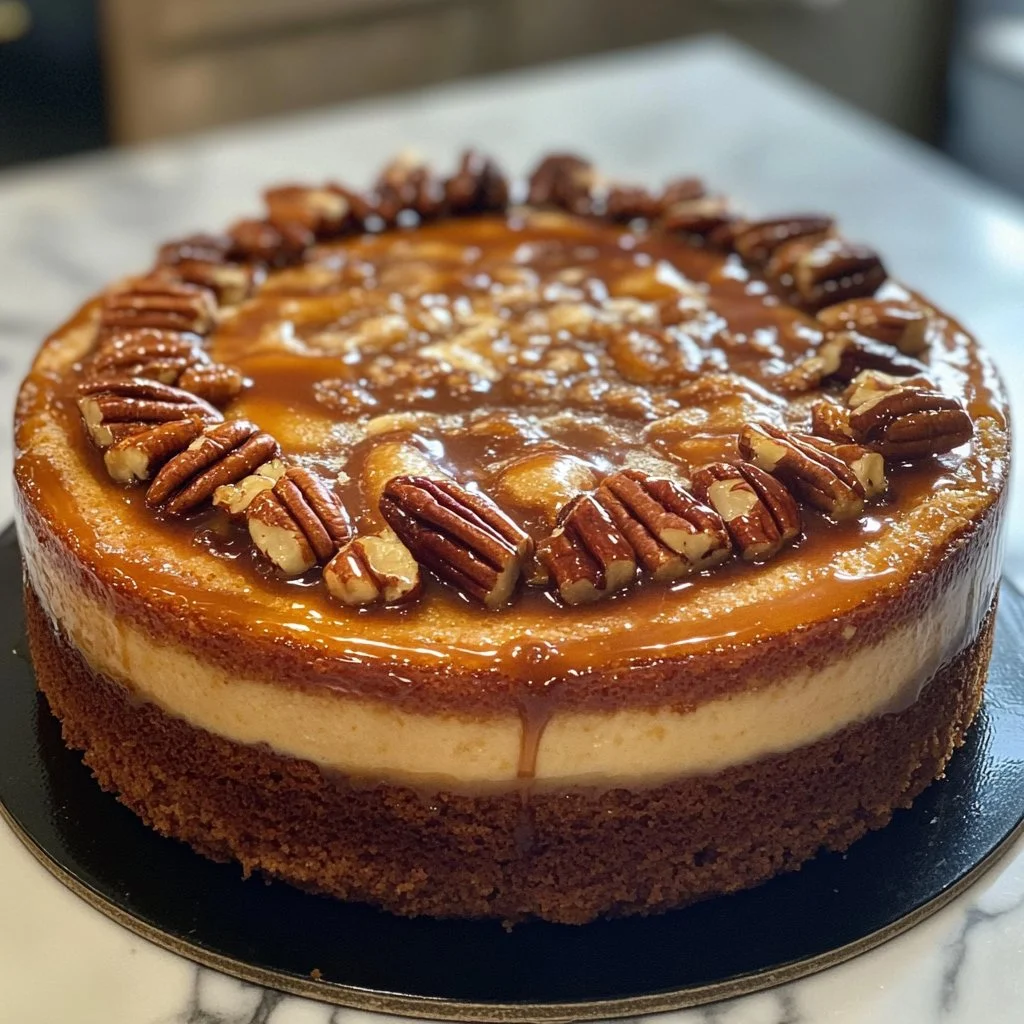 Delicious Crème Brûlée Caramel Pecan Cake with a crispy caramel layer.