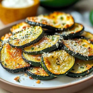 Crispy baked Parmesan zucchini slices, golden brown and garnished with herbs.