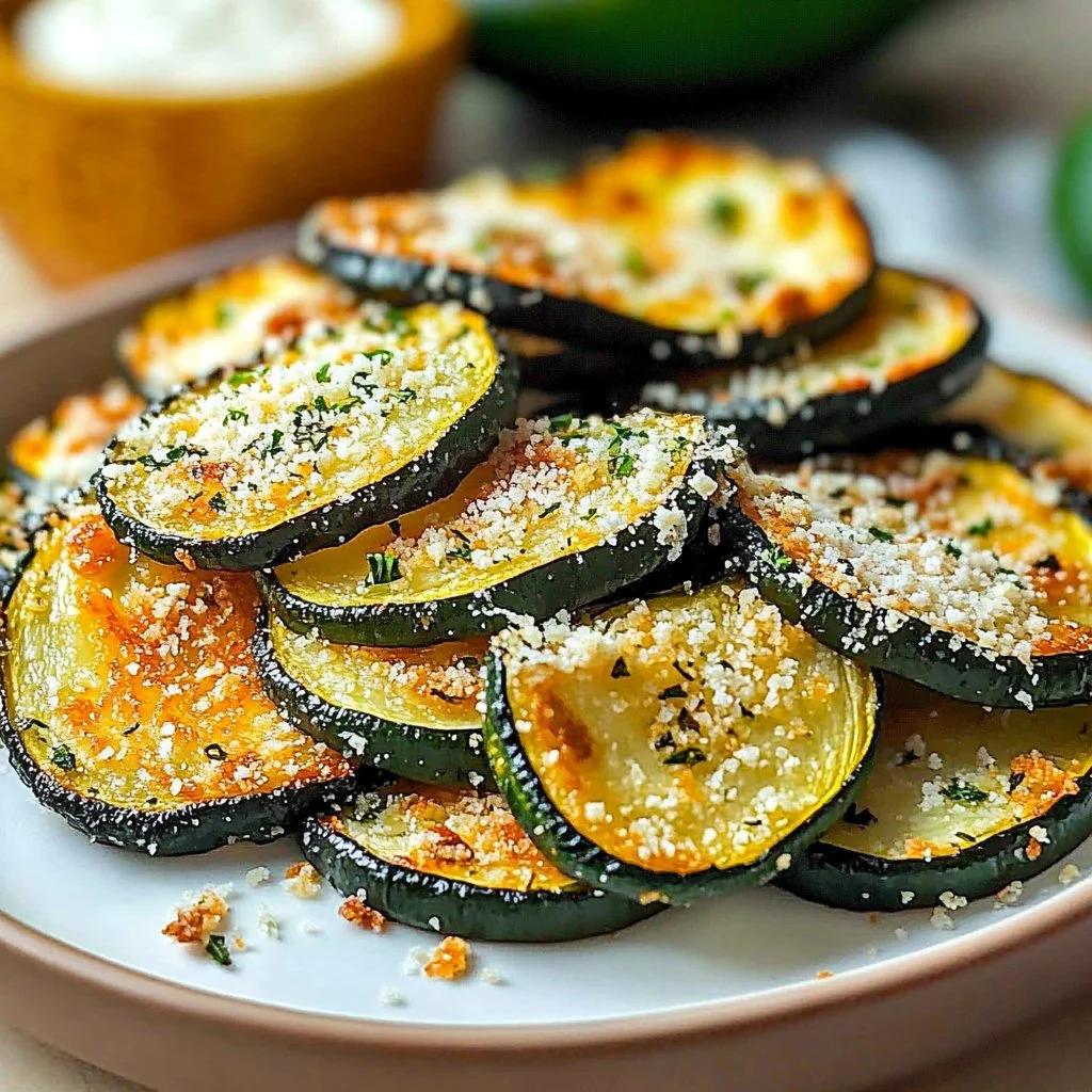 Crispy baked Parmesan zucchini slices, golden brown and garnished with herbs.