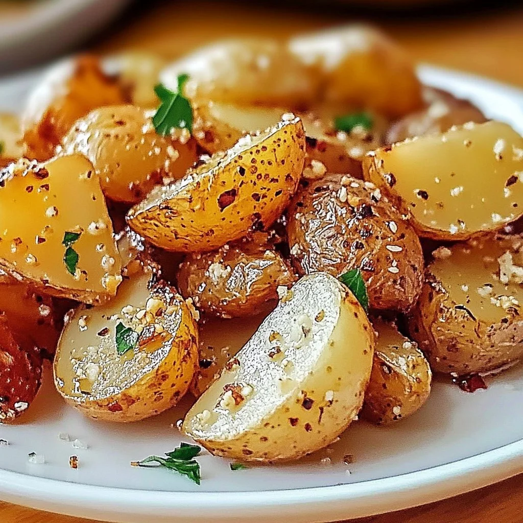 Crispy garlic butter potatoes served in a bowl, garnished with herbs.