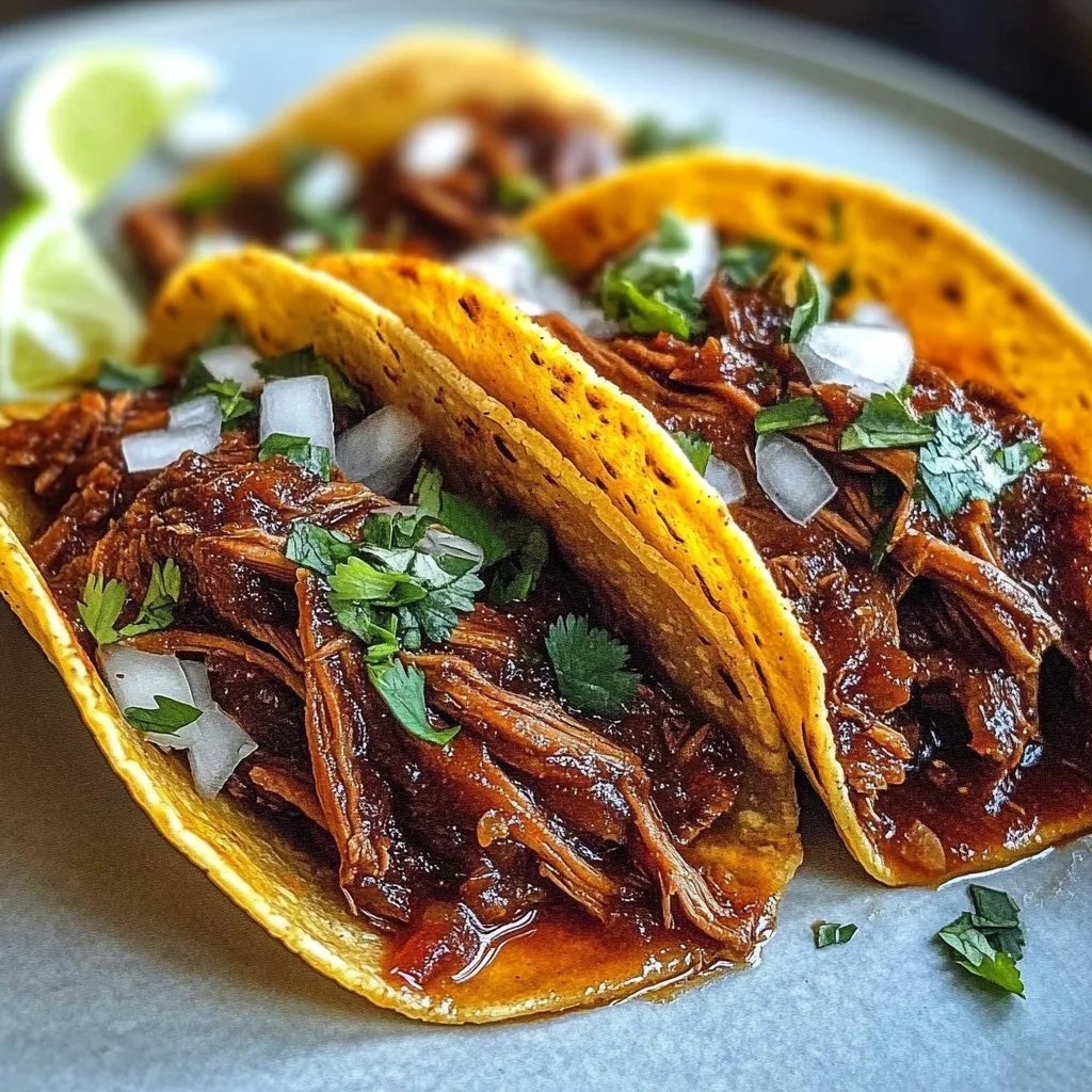 Delicious Crock Pot Birria Tacos served with savory broth and fresh toppings.