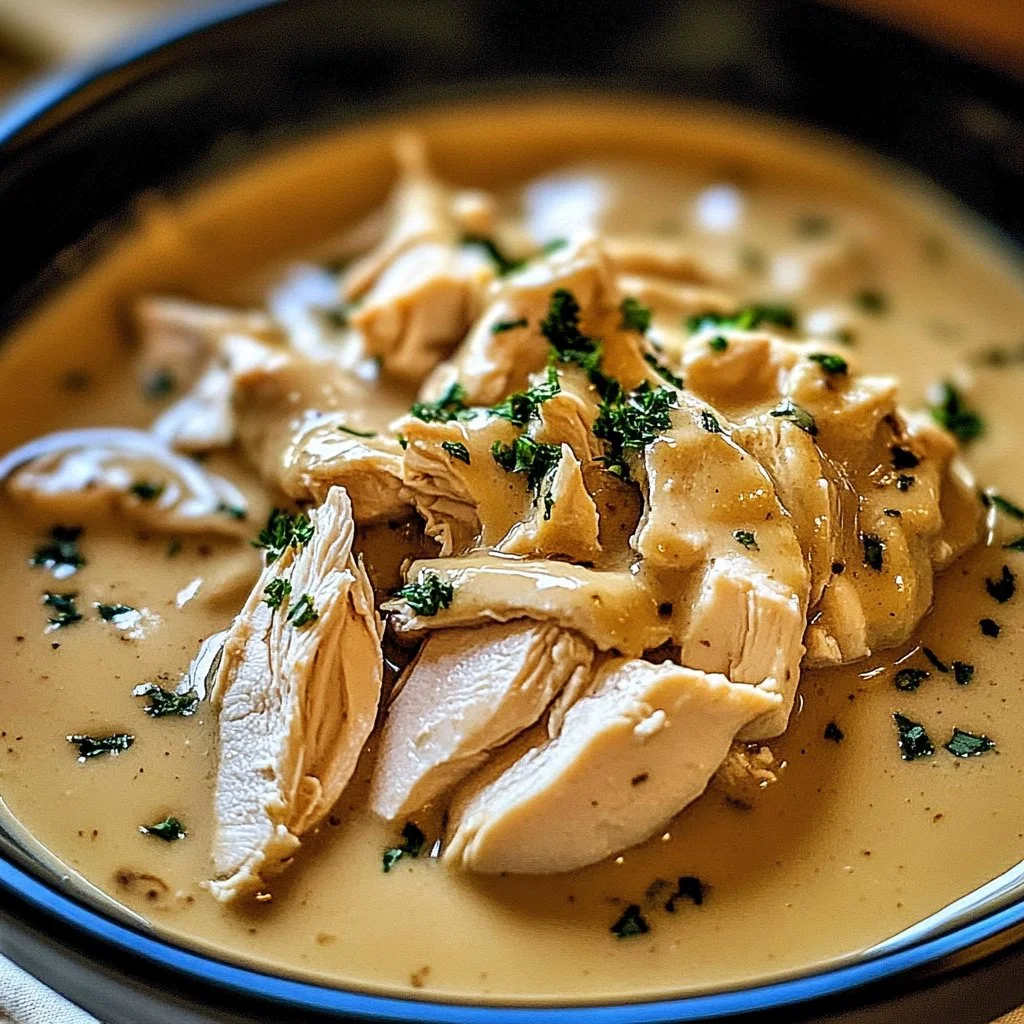 Crockpot Chicken and Gravy served on a plate with fresh herbs.