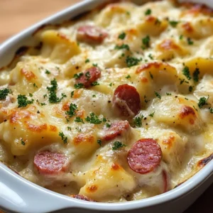 Delicious Crockpot Pierogi Casserole with Kielbasa served in a bowl