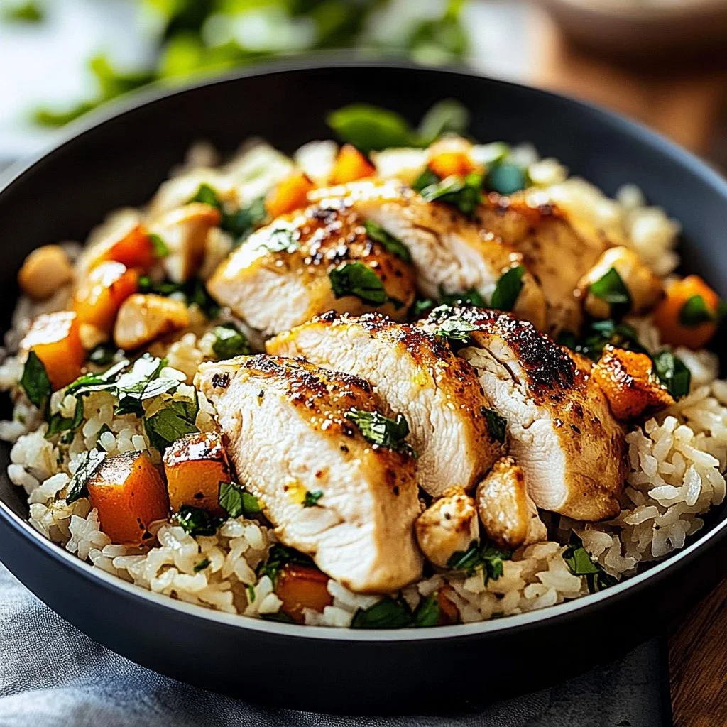 Plate of delicious chicken and rice recipe garnished with herbs