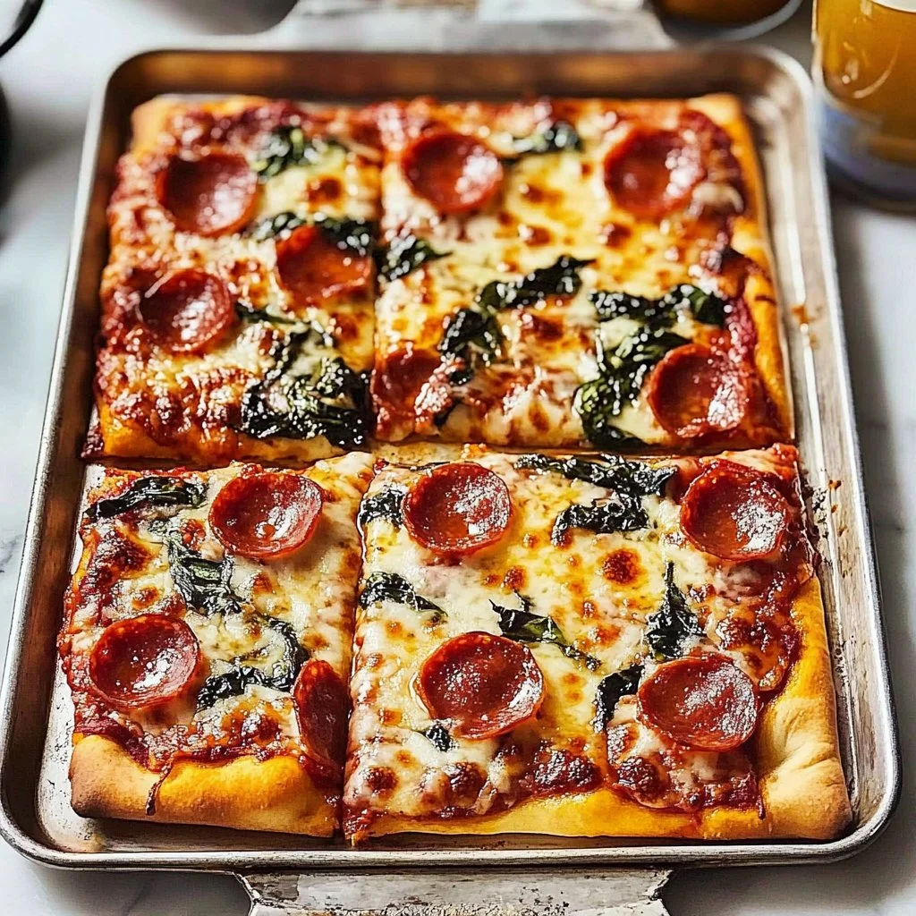 Homemade delicious sheet pan pizza with fresh toppings and melted cheese