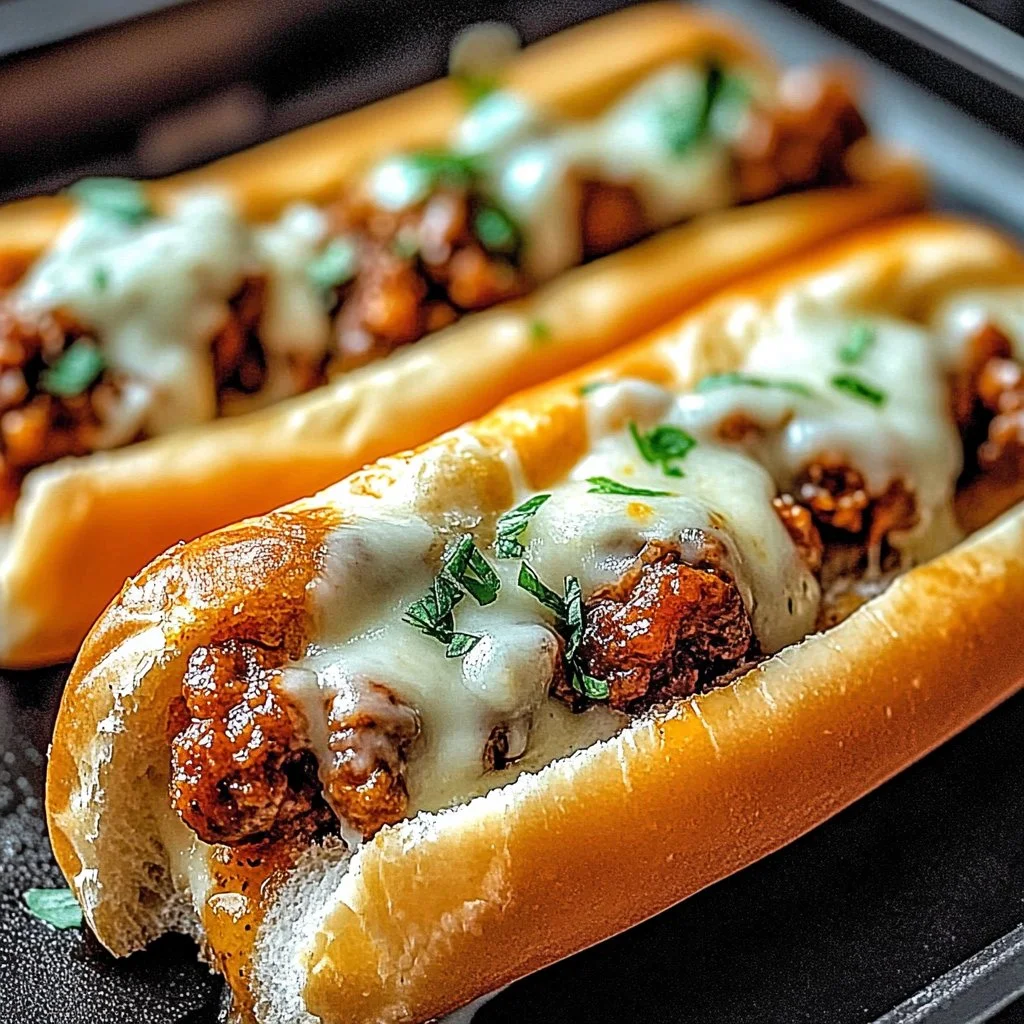 Delicious easy weeknight meatball sub loaded with marinara and cheese