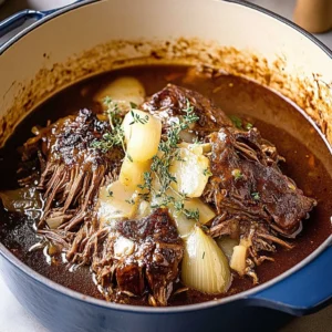 Savory French Onion Pot Roast served with melted cheese and herbs