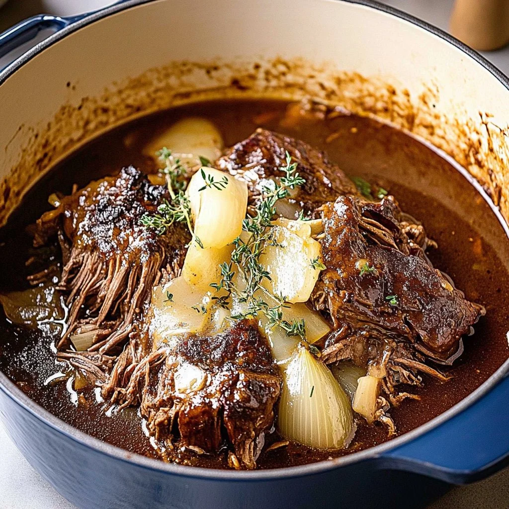 Savory French Onion Pot Roast served with melted cheese and herbs
