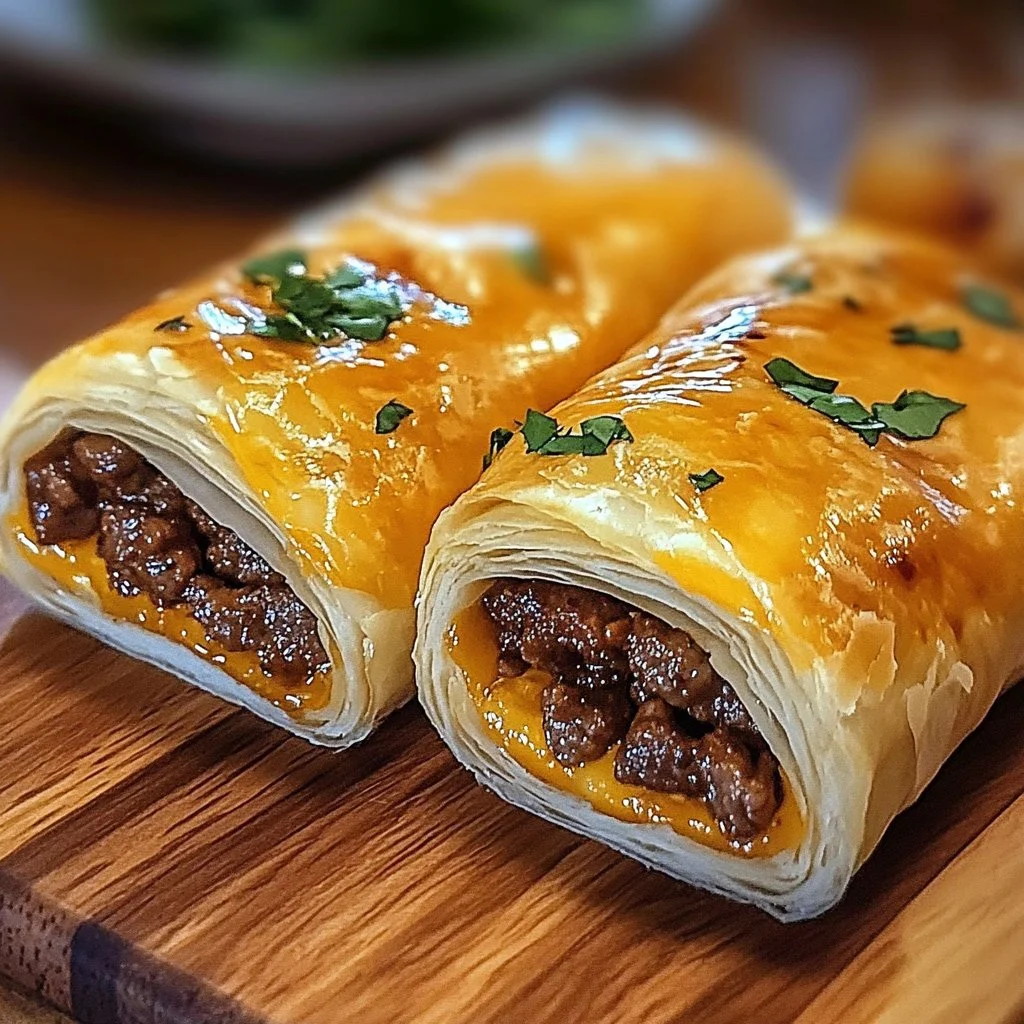 Garlic butter beef cheeseburger rollups on a plate garnished with herbs
