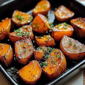 Garlic butter roasted sweet potatoes on a baking sheet, garnished and ready to serve