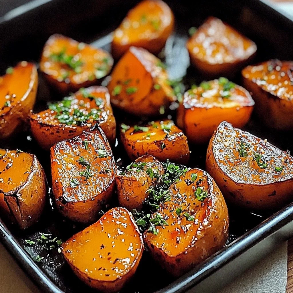 Garlic butter roasted sweet potatoes on a baking sheet, garnished and ready to serve