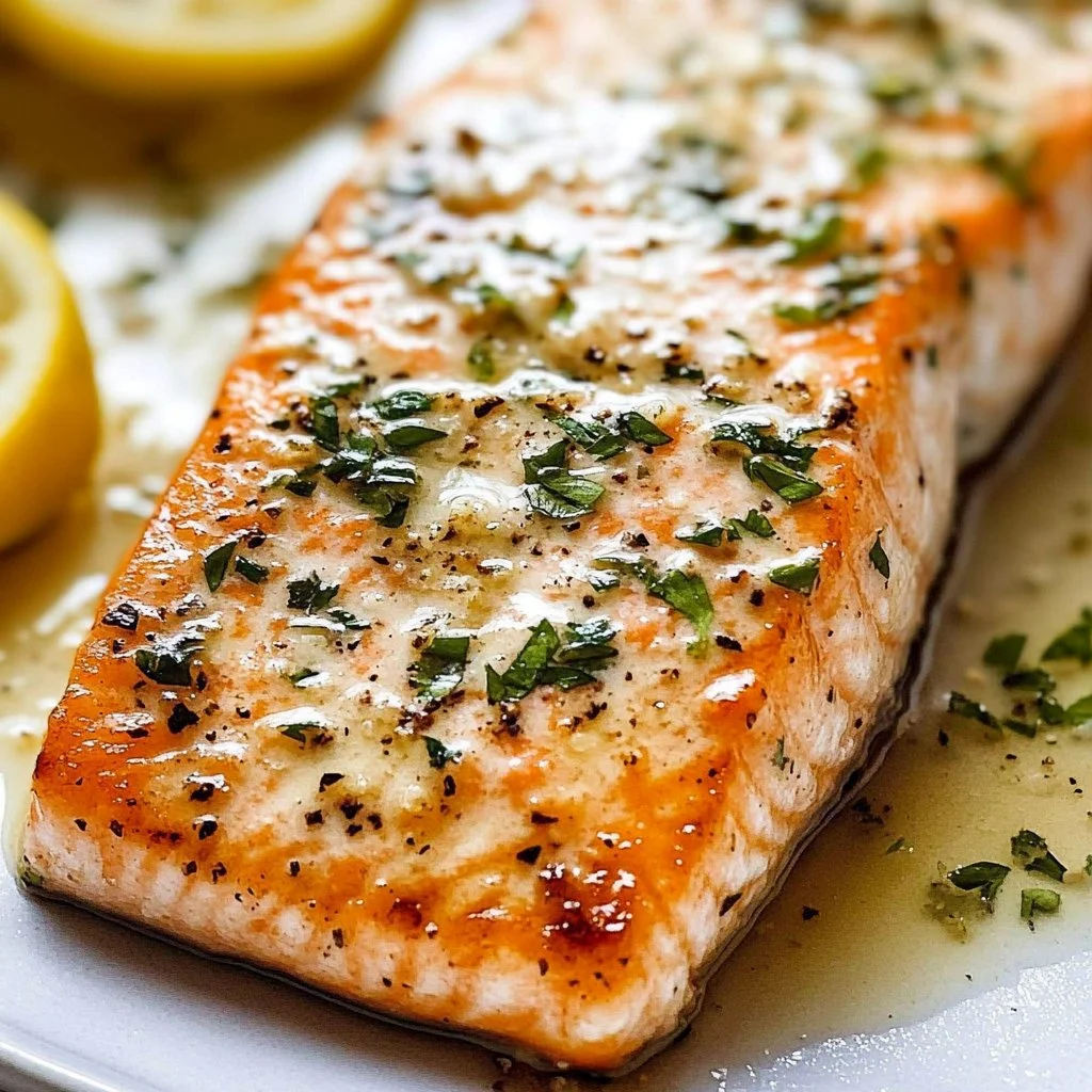 Succulent garlic butter salmon garnished with herbs and lemon
