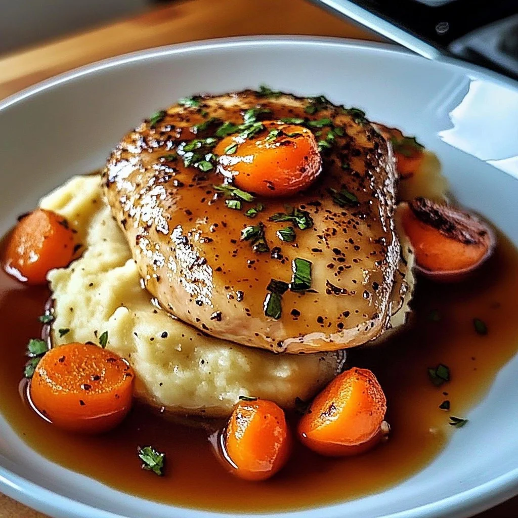 Plate of Garlic Herb Chicken with mashed potatoes and glazed carrots