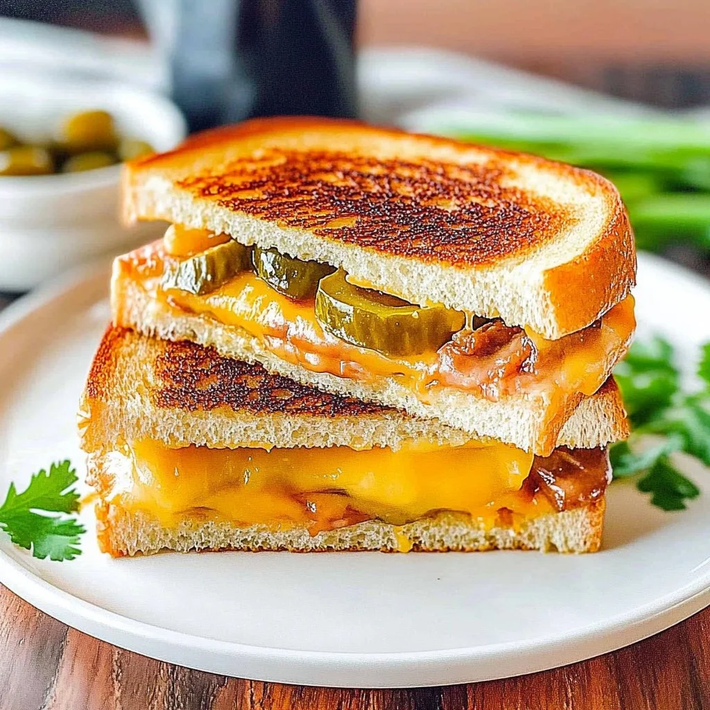 Juicy grilled cheese sandwich served with pickles on the side